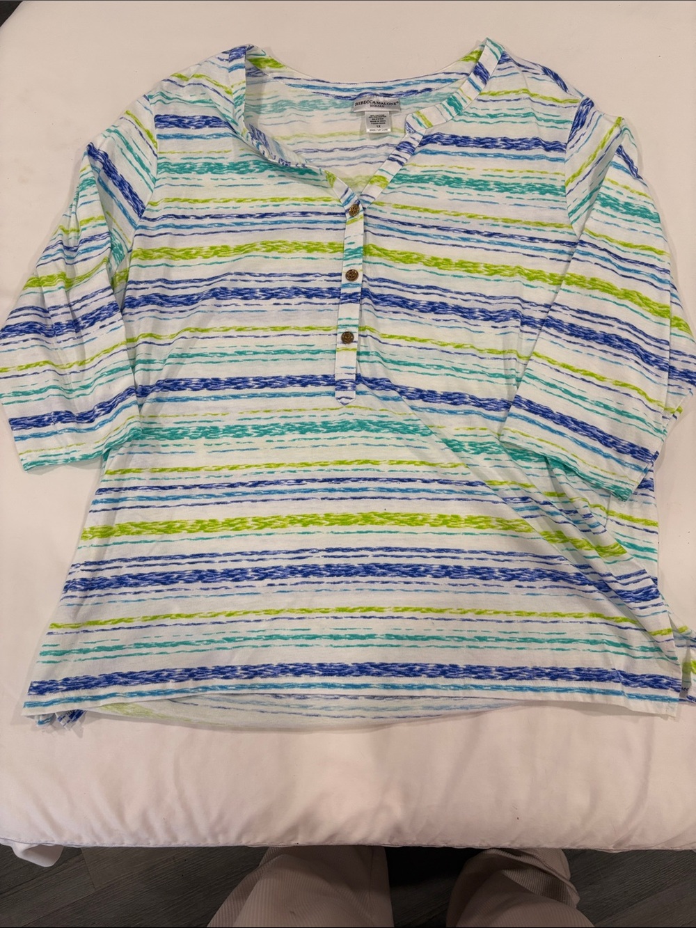 Rebecca Malone Striped Henley Top in Blue, Teal & Lime